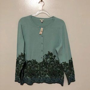 Talbots Cardigan Sweater Paisley Blue Green Cotton